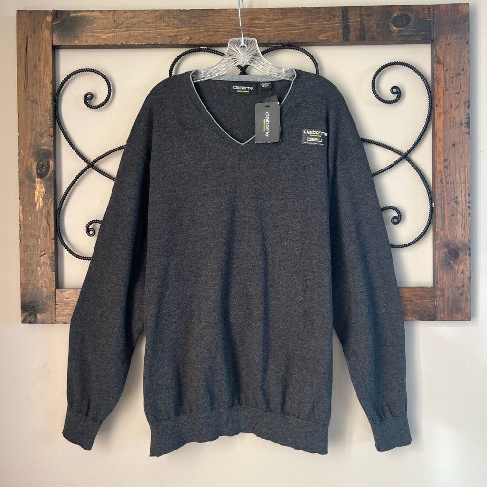 Liz Claiborne Mens Thermalite Performance V Neck Grey Knit Sweater